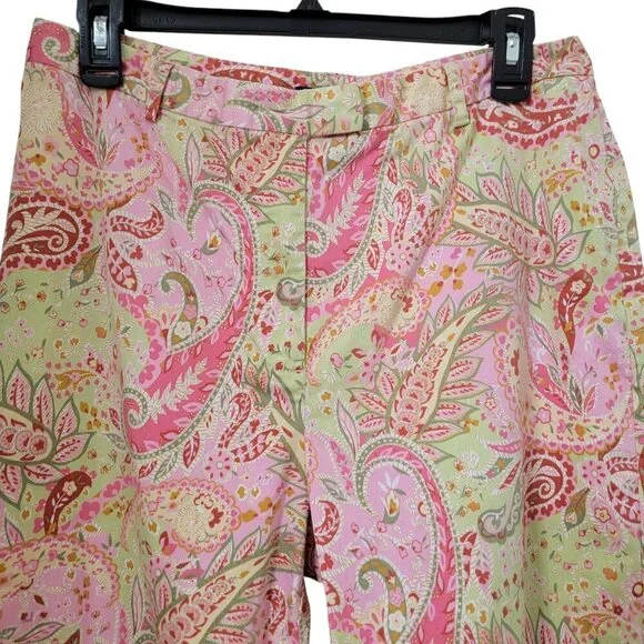 Charter Club Golf Size 10 Pistachio Green and Pink Paisley Ankle Length Pants - Picture 2 of 12